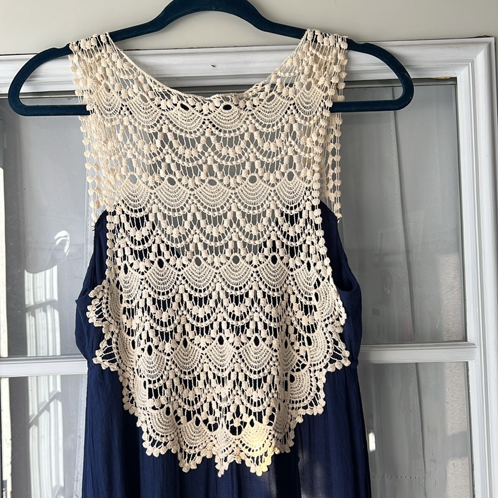 Forever 21 XX1Navy Maxi Sleeveless Lined Crochet Gauzy Viscose/Cotton Boho S EUC - Picture 8 of 8
